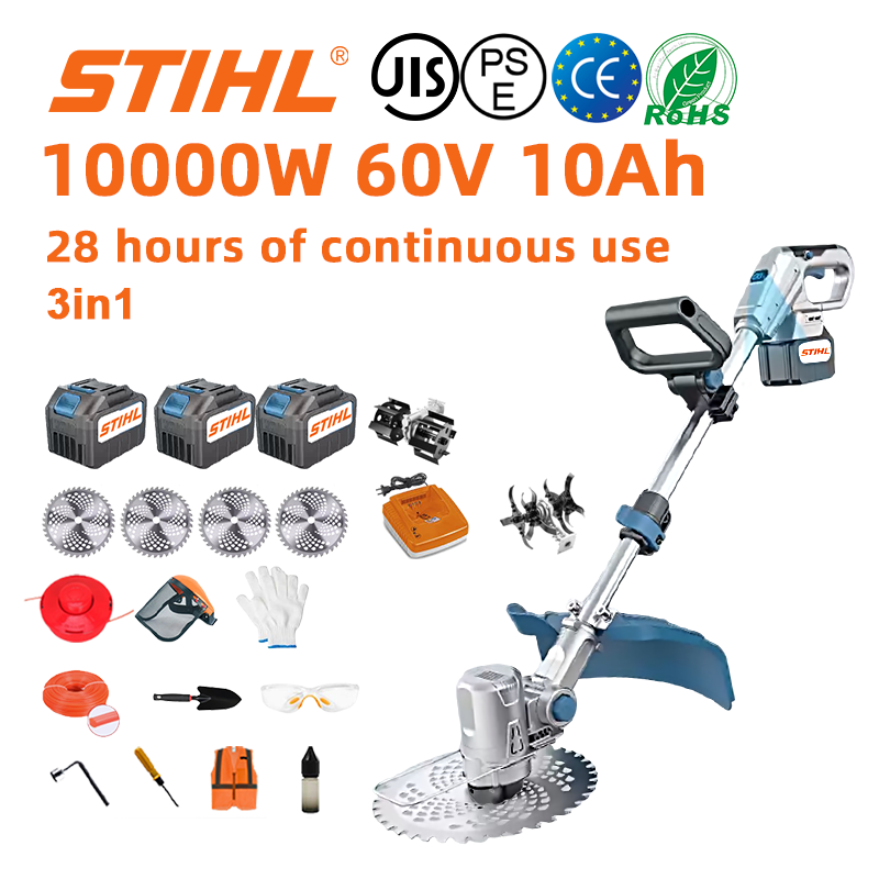 (Durata de viață a bateriei de 28 de ore) Mașină de tuns iarba fără perii de 10000W * 1 + baterie de 60V 10.0Ah * 3 + încărcător * 1 + roată laterală * 1 + roată auxiliară * 1 + lame de ferăstrău circular * 4 + plug * 1 + frânghie de tăiere * 1 + disc de tăiere * 1 + lopată * 1 + șurubelniță și mănuși * 1 + șurubelniță * 1 + mănuși * 1 + șurubelniță * 1 șurub * 1 + îmbrăcăminte de protecție * 1 + ulei de lubrifiere * 1 + trusă de scule * 1.